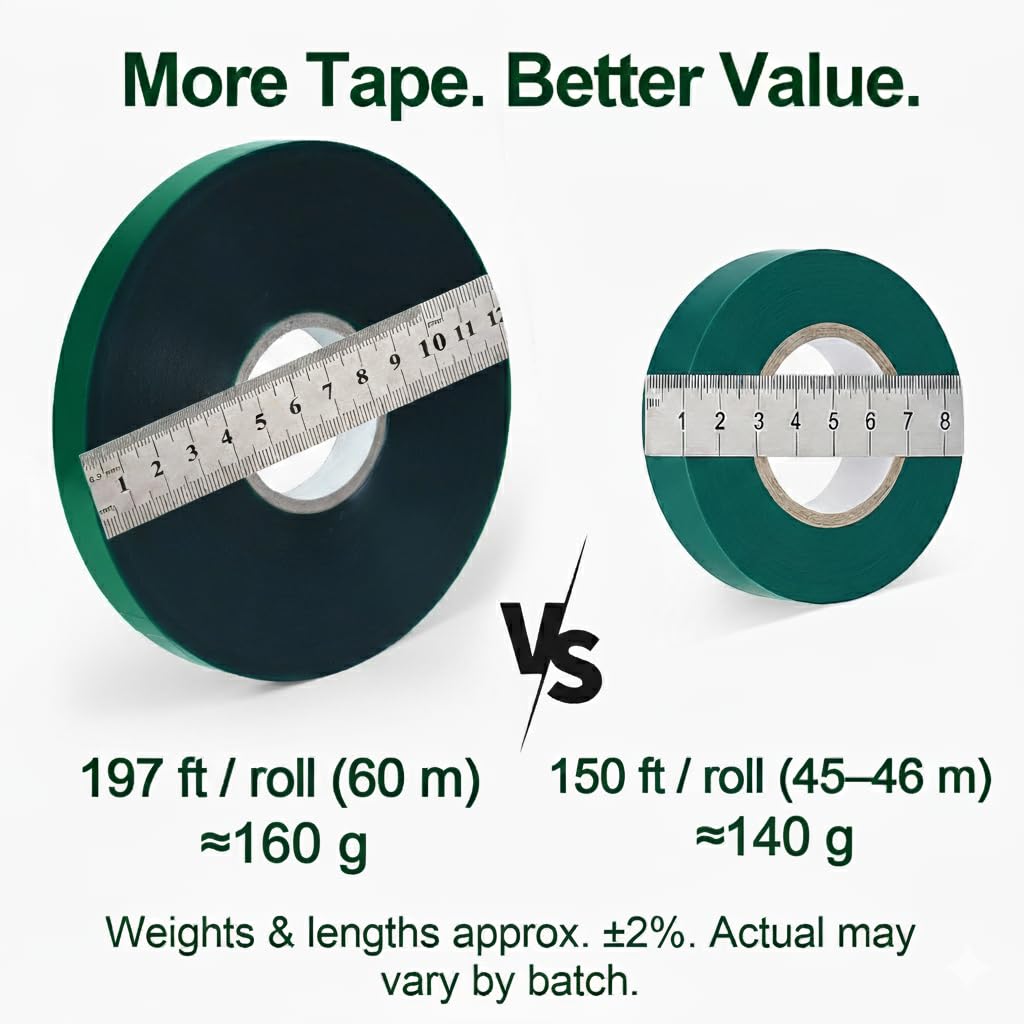 Plant Tie Tape 0.5" × 197 ft – Non-Adhesive Stretch PVC, Cut-to-Length, Weather-Resistant & Reusable Garden Tape for Vines, Tomatoes & Trees, Includes Binder Clip & Mesh Bag