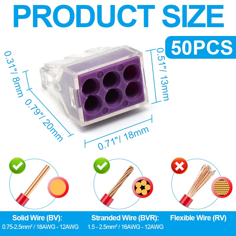 Purple 6 Port Push-in Wire Connector 18-12 AWG Solid/Stranded Wires - 50Pcs PCT-106