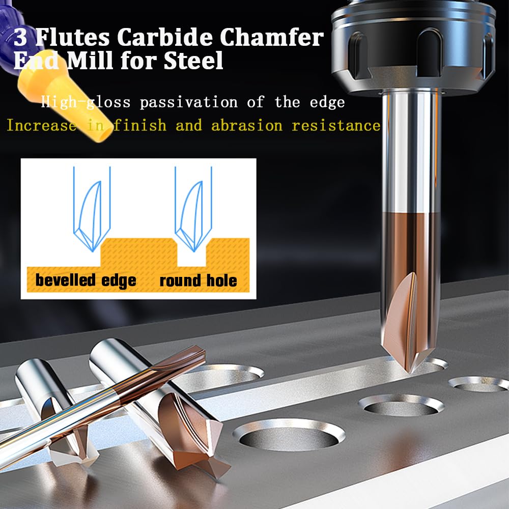 sisona Carbide Chamfer End Mill 90 Degree 1/4" Shank Dia - Carving Bits, V Groove,Tisin Coated 3 Flute - for Alloy Steels, Hardened Steels