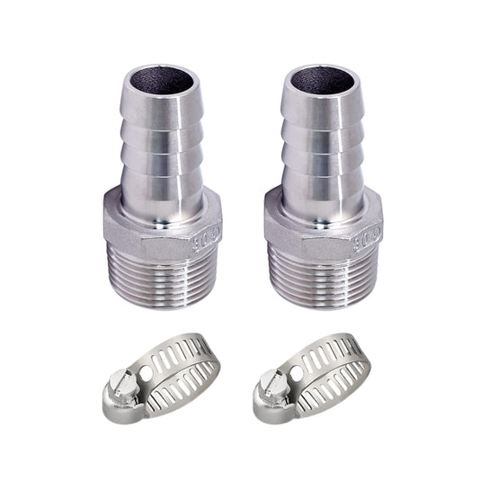 Pysrych Stainless Steel 304 Hose Barb Fitting, 1-1/4" Barbed x 1-1/4" NPT Male Straight Adapter Connector with 2 Hose Clamps, Pack of 2