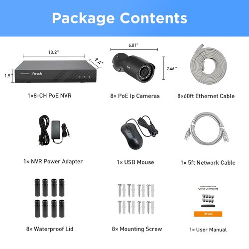 PANOOB PoE Security Camera System 4K, 8X 8MP Wired Outdoor Home Surveillance IP PoE Cameras with AI Human Vehicle Detection, Remote Access, Built-in Mic, 4K 8 Channel NVR 2TB HDD, PB37F30808-8M