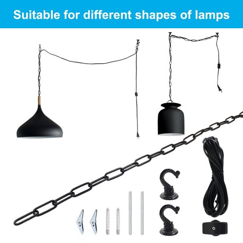 HARSKIYER Swag Light Kit with 15 Ft Chandelier Chain, 15 Ft Light Cord, Switch and 2 Swag Hooks, Black Hanging Lamp Kit for Pendant Light, Ceiling Light and Fan Light