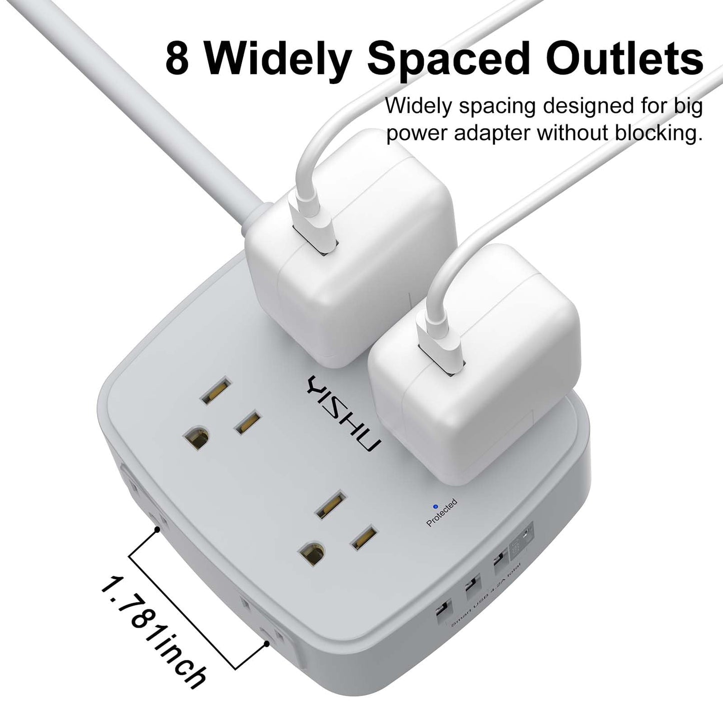 10 Ft Surge Protector Power Strip - 8 Widely Outlets with 4 USB Ports, 3 Side Outlet Extender with 10 Feet Extension Cord, Flat Plug, Wall Mount, Desk USB Charging Station, ETL, Grey