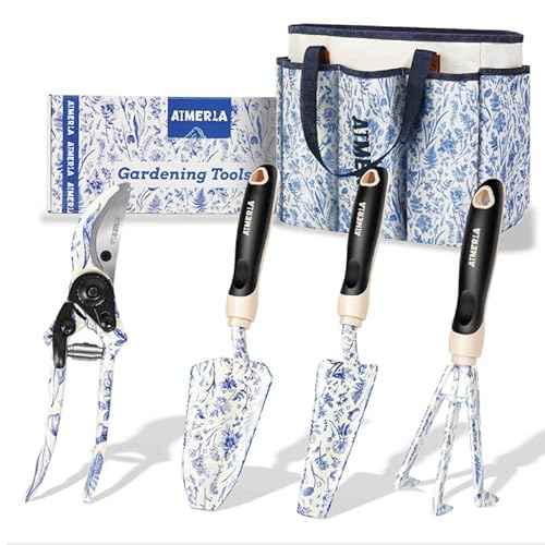 Aimerla Gardening Tool Set of 5 Heavy Duty Aluminum Garden Tools with Non-Slip Rubber Grip, Fashion Garden Bag, Durable Hand Tools for Gardener, Weeding, Gardening Gifts for Women,Men - Floral