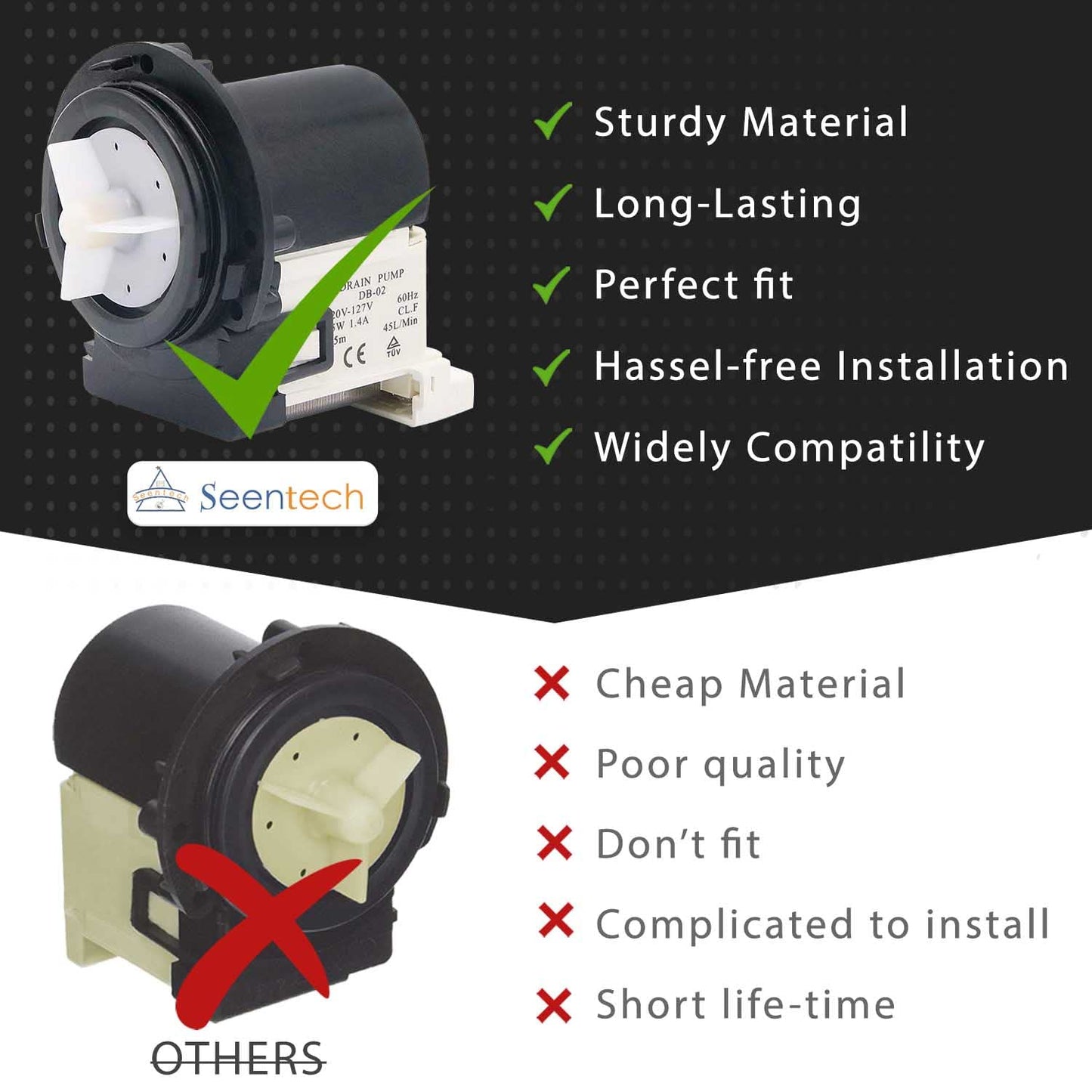 4681EA2001T Washer Drain Pump Motor Exact Fit for Kenmore & LG washer drain pump by Seentech - Replaces Part Numbers AP5328388, 2003273, 4681EA2001D, 4681EA2001N, 4681EA1007G and More