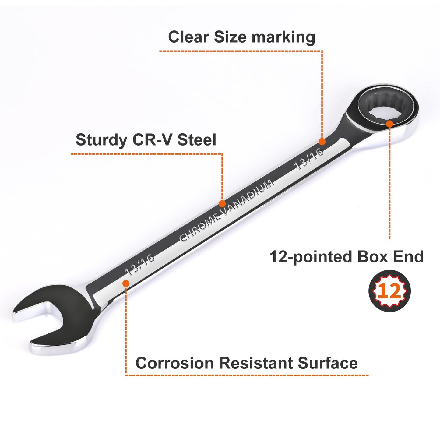 Egofine 13/16 inch Ratcheting Combination Wrench SAE, Industrial Grade Gear Spanner with 12-Point Design, 72-Tooth Ratchet, Chrome Vanadium Steel