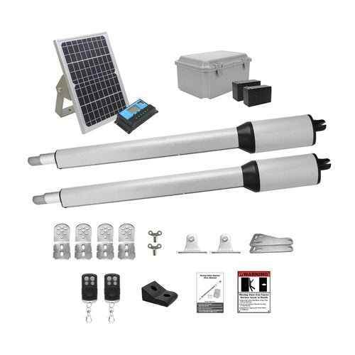 X X-HOUSE C05 Automatic Gate Opener with Solar Panel & Batteries for Light to Medium Duty Dual Swing Gates Up to 770lb 14ft per Arm Electric Gate Opener with 2 Remotes Complete Kit Solar Powered
