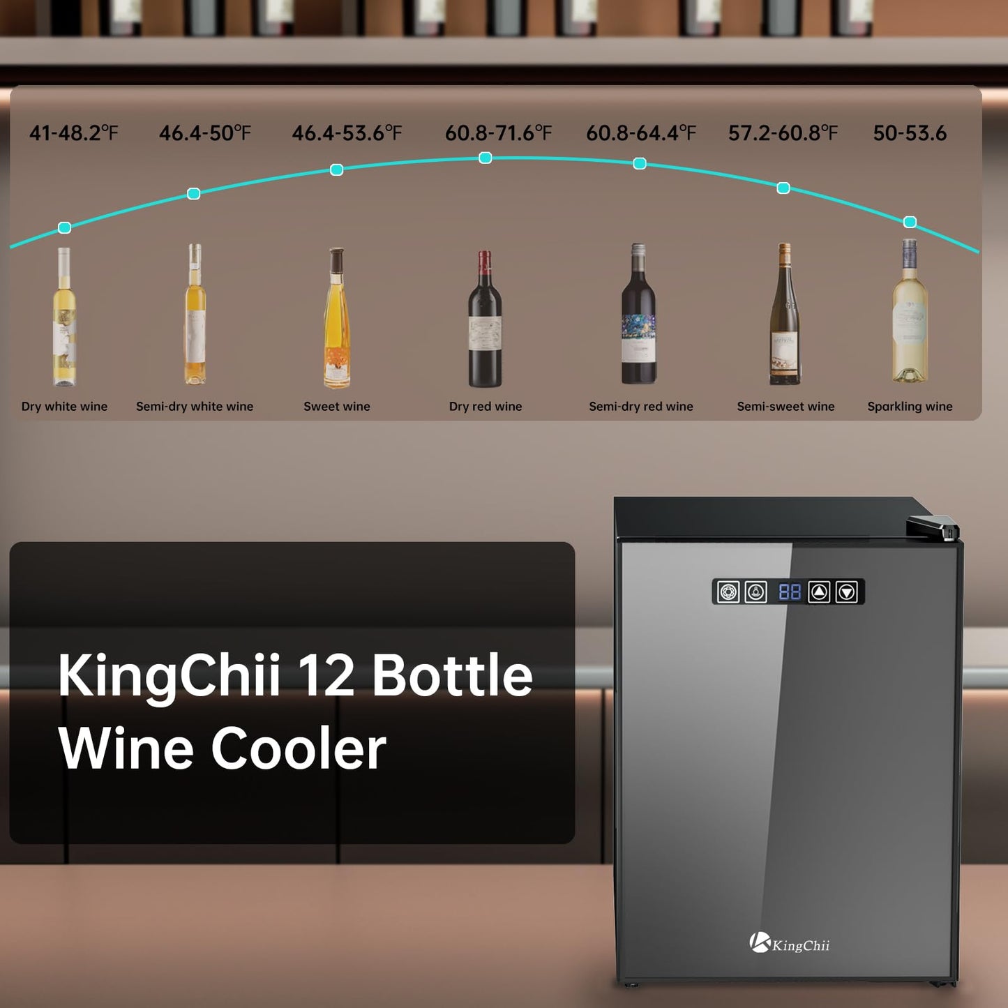 KingChii 12 Bottle Wine Cooler, Freestanding Wine Fridge with Glass Door, Adjustable Shelves & Digital Temperature Display Wine Refrigerator for Red, White, Champagne - Perfect for Home, Kitchen, Bar