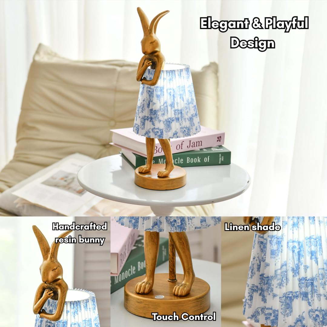 ZenithLight Rabbit Table Lamp Rechargeable, Cordless LED with Linen Shade and Gold Resin Base, Touch Dimmable Wireless Lamp for Bedroom Nightstand Kids Room Nursery Living Room - Pattern
