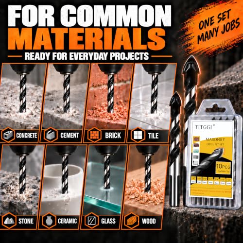 TITGGI 10-Piece Masonry Drill Bit Set - 7 Sizes for Concrete, Tile, Brick, and More
