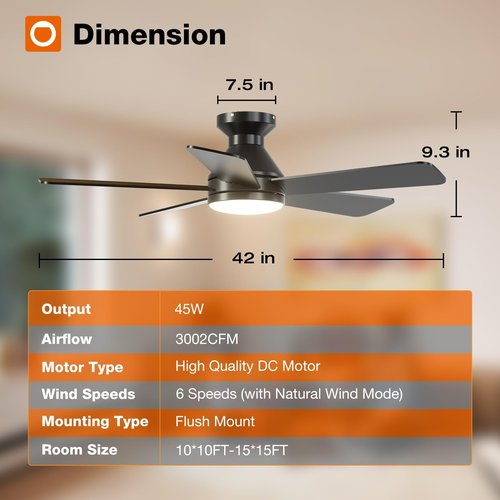 addlon Ceiling Fans with Lights, 42 Inch Low Profile Ceiling Fan with Light and Remote Control, Flush Mount, Reversible, 3CCT, Dimmable, Quiet, Black Small Ceiling Fan for Bedroom Indoor/Outdoor Use