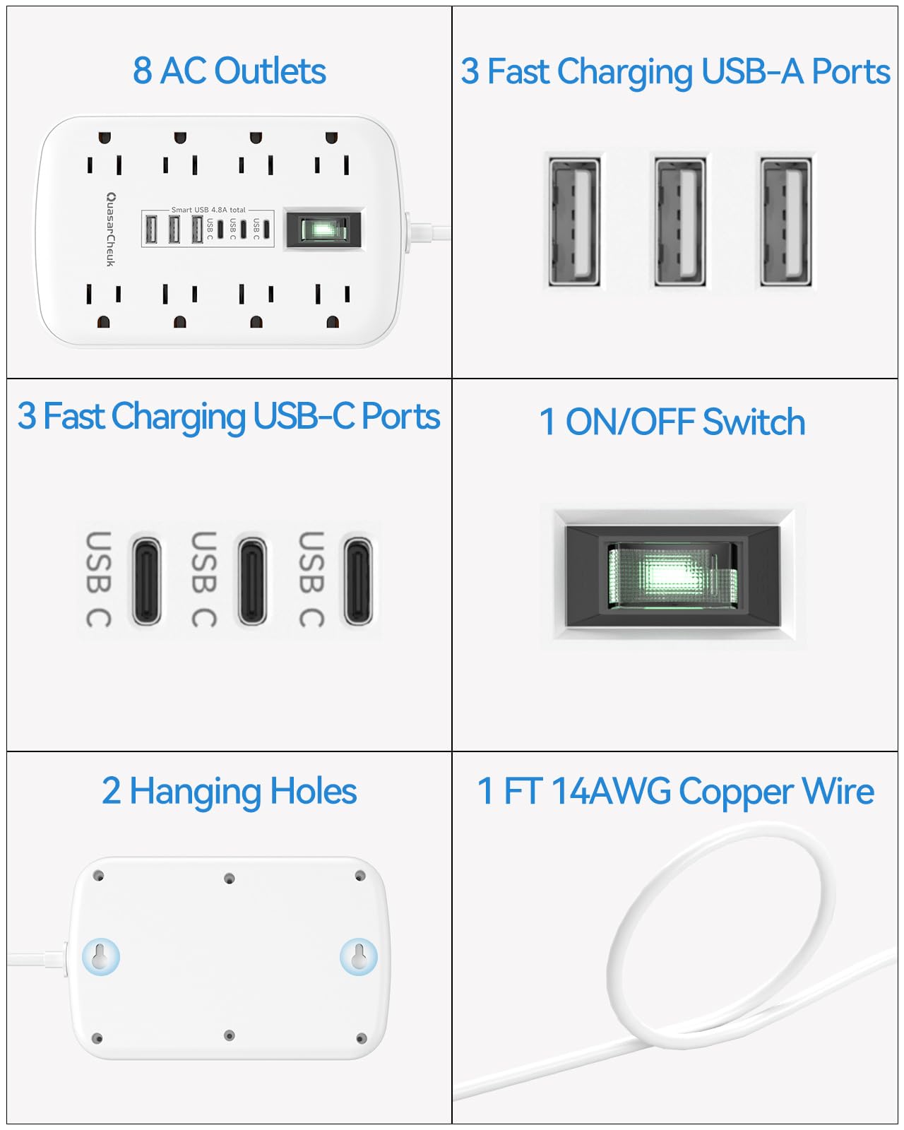 Short Extension Cord 1 ft, Small Power Strip Flat Outlet Extender Surge Protector with 8 AC Outlets 6 USB (5V/4.8A 24W), Mini Extension Cord Flat Wall Plug for Home Office Dorm Kitchen Bathroom