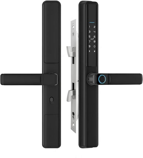 Slim Smart Lock for Sliding Doors – 6-in-1 Keyless Entry with Fingerprint, Passcode, IC Card, App Control, Key + Built-in Doorbell | Tuya WiFi, Auto-Lock, Alexa Compatible | Sleek Black Aluminum