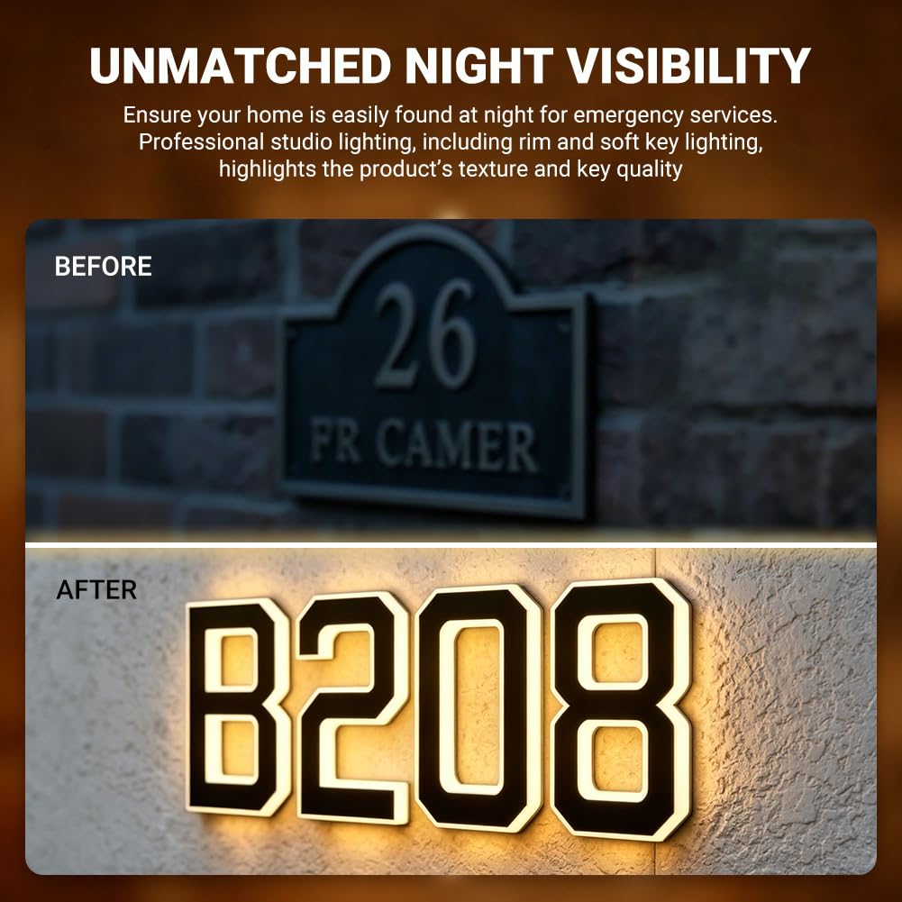 Solar Lighted House Numbers for Outside - 6.7-Inch Solar LED House Numbers & Letters, IP44 Weatherproof Wall Mount for Home Garage Fence with Easy Installation (6-Black)