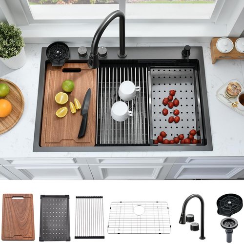 33 Inch Black Waterfall Kitchen Sink Drop In Workstation-Bokaiya 33x22 Kitchen Sink with Faucet Combo Smart Top Mount 304 Stainless Steel 16 Guage Deep Single Bowl Multifunctional Sinks