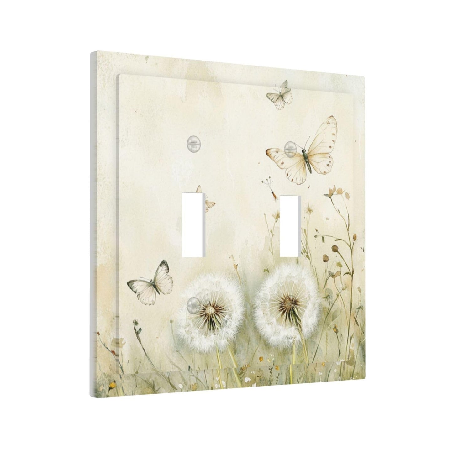 Xuejiaku Decorative Light Switch Cover Beige Butterflies Dandelions Wildflowers 2 Gang Wall Plates Double Toggle Switch Plate Decora Electrical Outlet Cover Faceplates for Bathroom Bedroom Decor