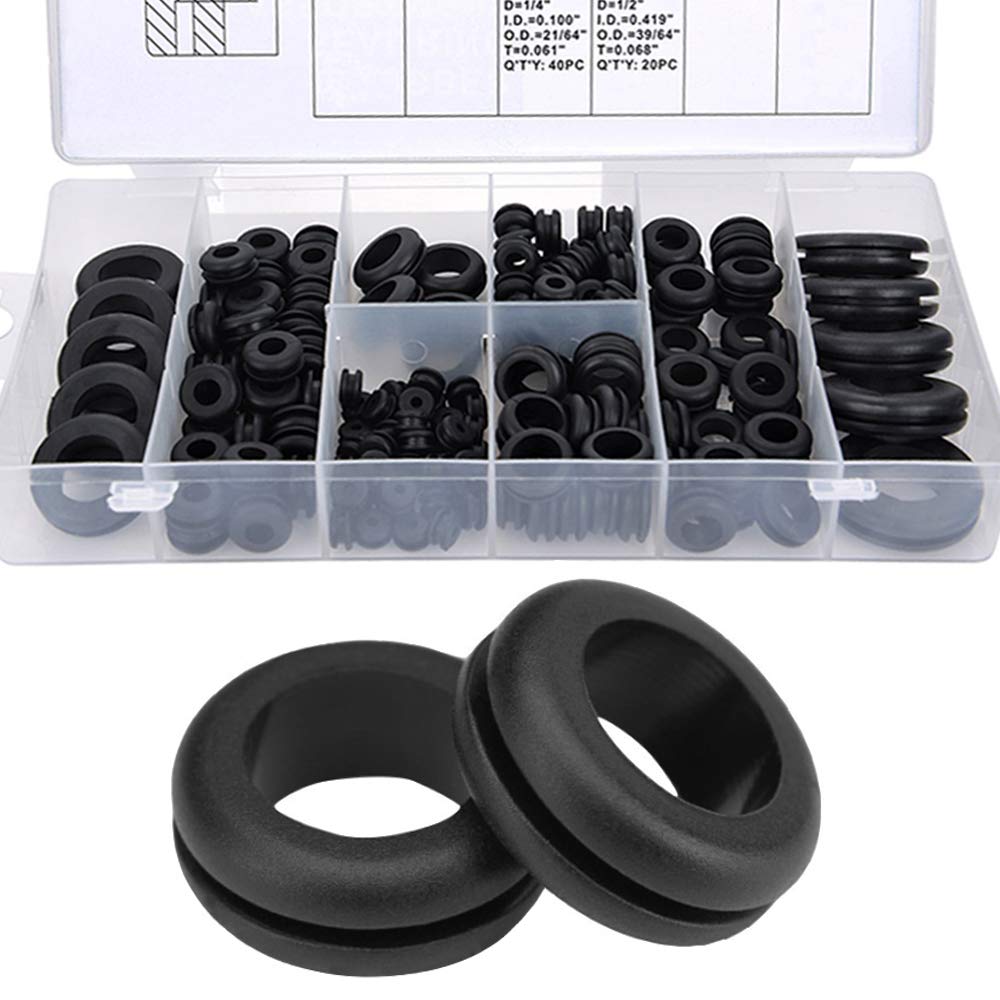 Wolfride 180Pcs Black NBR Rubber Grommet Assortment Kit - 8 Sizes: 1/4", 5/16", 3/8", 7/16", 1/2", 5/8", 7/8", 1" - Grommet Set