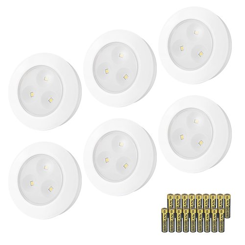 LUXSWAY LED Puck Light, Ultra-Thin Touch Lights, Battery Operated, Tap Lights, Stick on, Under Cabinet Lighting, Ideal for Kitchen, Closets, Garage (Included 18 AAA Batteries, 6 Pack, White)