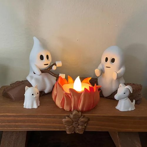 Ghost Campfire Gathering, Ghost Campfire Nightlight, Halloween Nightlight, Cute Cozy Spooky Statue Halloween Decorations for Home Mantel or Desk (with Dog)