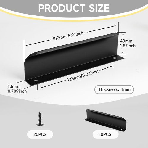 Xisakaca 10 PCS Modern Cabinet Pulls, Brushed Dresser Drawer Handles, Edge Finger Long Pulls Hardware for Kitchen Cupboard Closet Door (Black, Hole Center 128mm)