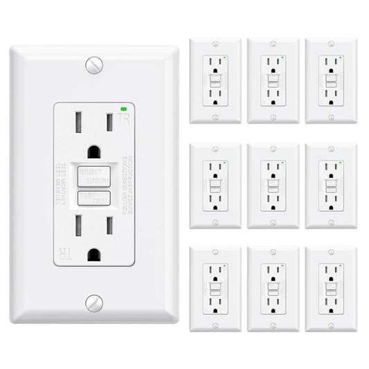 ELEGRP GFCI Outlet 15 Amp, Self-Test GFI Electrical Outlet with Narrow Design, Tamper Resistant GFCI Receptacle with LED Indicator, UL Listed, White, Wall Plate Included, 10 Pack