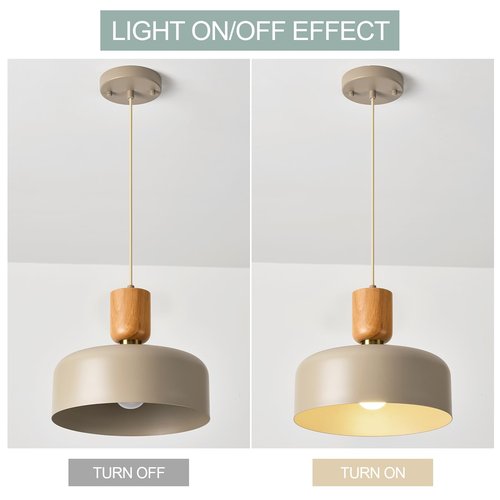 TeHenoo Contemporary Pendant Lights with Wood Cap, Brass Accent, 12 inch Light Brown Metal Shade,for Kitchen, Dining Room, Cafe