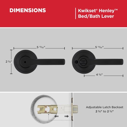 Kwikset Henley Interior Privacy Door Handle with Lock, Door Lever For Bathroom and Bedroom, Matte Black Reversible Keyless Turn Lock, with Microban Protection