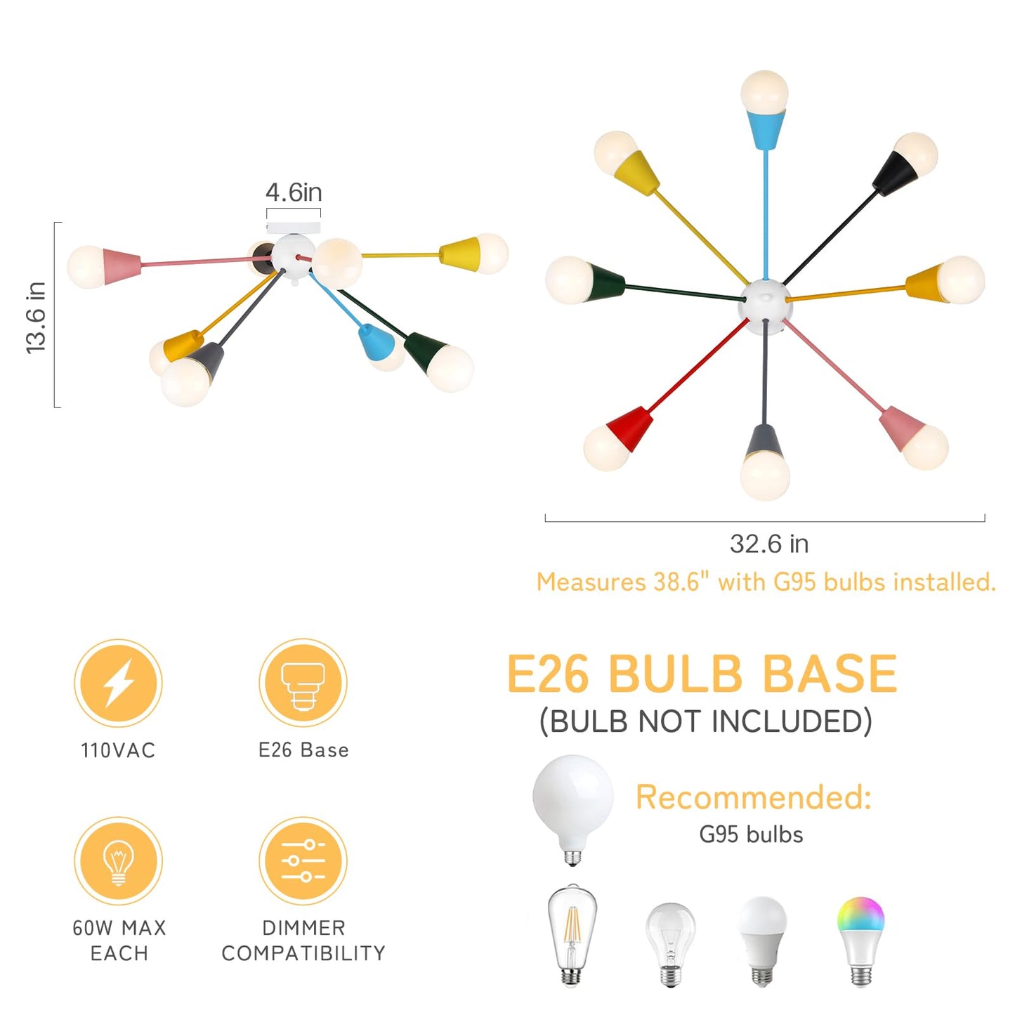ZORYATA 33” Kids Ceiling Light Fixture, Colorful 8-Light Sputnik Chandelier Lighting, Modern Semi Flush Mount Ceiling Lamp for Children Bedroom, Dining Room, Kitchen, Entryway, Playroom, Multi Color