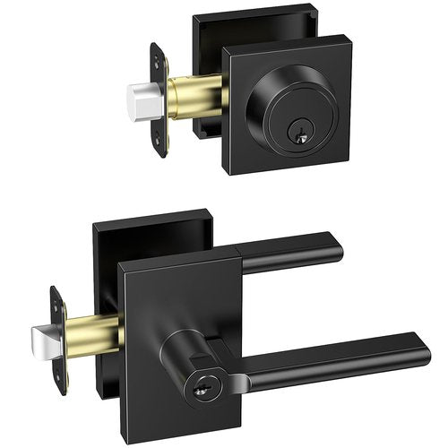 Calzibeno Entry Lever Front Door Handle and Single Cylinder Deadbolt, Keyed Alike Lockset with Double Lock for Right and Left Sided Door, Heavy Duty Exterior Door Lock Set, Matte Black