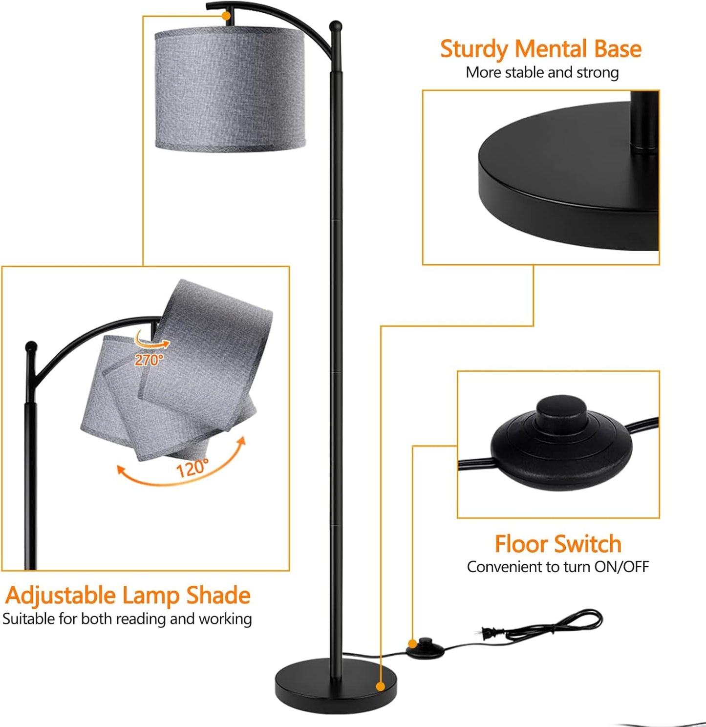 ROTTOGOON Floor Lamp for Living Room with 3 Color Temperatures LED Bulb, Standing Lamp Tall Industrial Floor Lamp Reading for Bedroom, Office (9W LED Bulb, Beige Lampshade Included) -Black