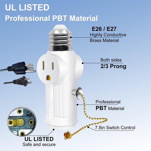 Light Socket Outlet Adapter,E26/E27 Light Bulb Outlet Socket Adapter,3 Prong Outlet Adapter with Bulb Control Switch,Polarized Light Bulb Socket Splitter,White,2 Pack