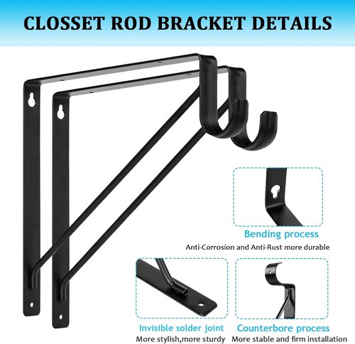 6 Pack Heavy Duty Black Steel Closet Brackets, 11 x 11 Inch Closet Rod Bracket,Supports 300 lbs, Wall Mount Closet Pole Supports Bracket Hook with Screws