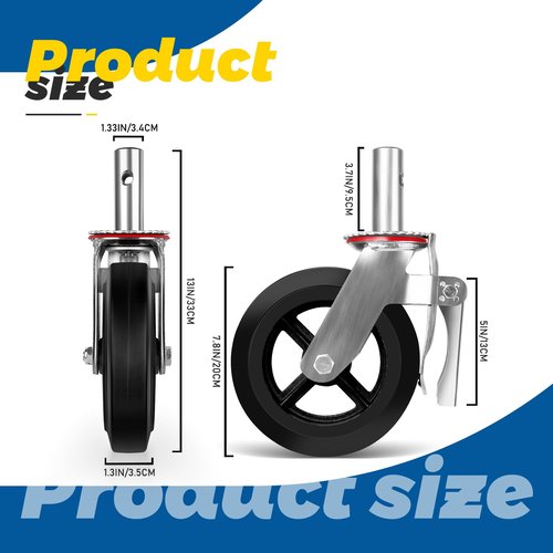 8 Inch Scaffolding Wheels, Scaffold Wheels Set of 4 with Dual-Lock Brakes & Thickened Steel Plate, Heavy Duty 4800lbs Capacity Rubber Swivel Casters for Scaffold, Shelves, Workbench