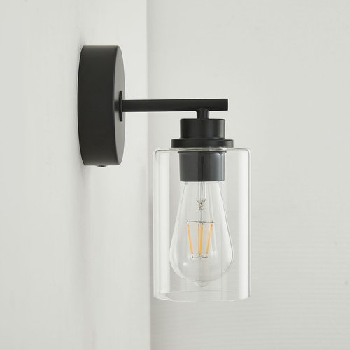 Battery Operated Wall Sconce Set of 2 with Remote Control, Black Rechargeable Wireless Wall Decor Light with Glass Shade, Cordless Wall Lamp for Bedroom Bathroom Mirror Hallway, 3000K Bulbs Include