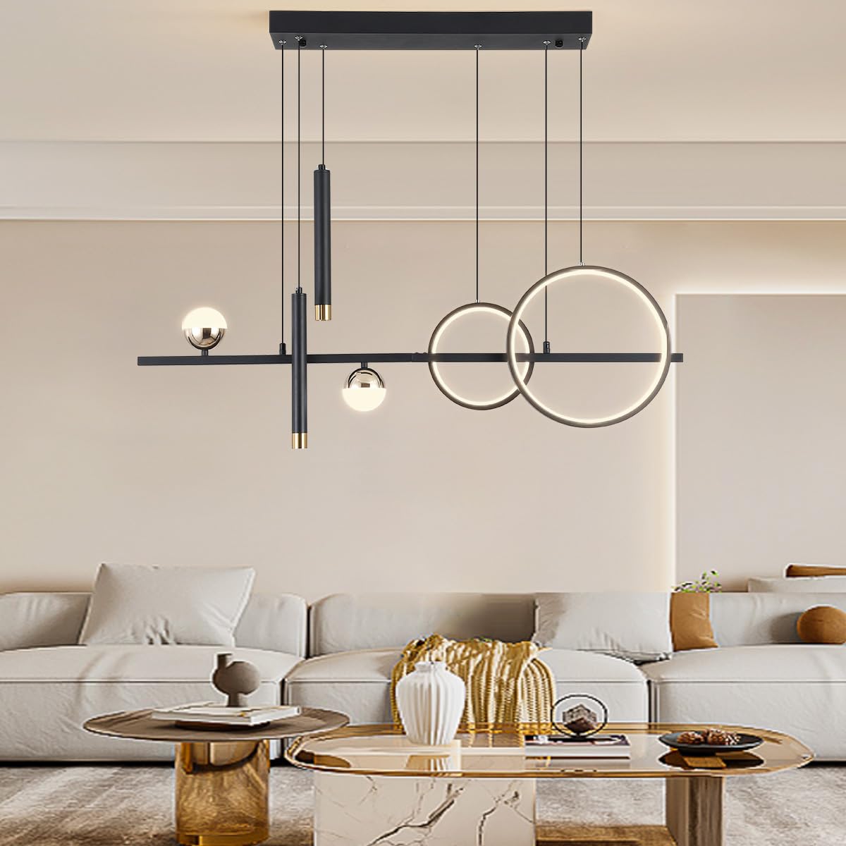 ORANOOR Modern LED Pendant Lights, Dimmable 39in Linear Wave LED Chandelier Lighting, Black & Gold Dining Room Hanging Light Fixtures Kitchen Island Globe Pendant Light for Dining Table (2704lm)