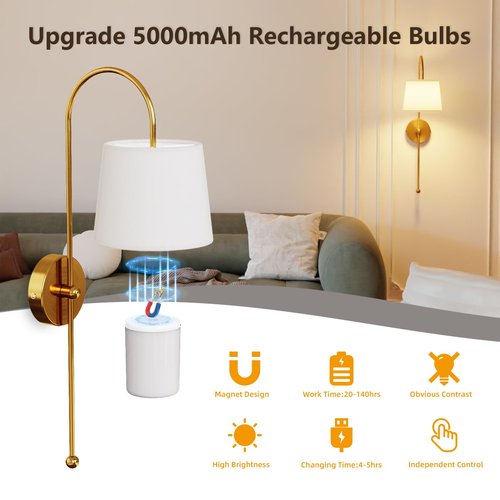 Battery Operated Wall Sconce Set of 2, Rechargeable Wireless Wall Decor Sconces, Two Battery Powered Wall Lights, Dimmable Magnetic RGB Bulbs & Remote, Lamp for Living Room Bedroom - Gold