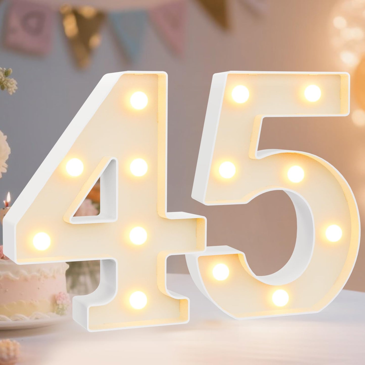 Pooqla Decorative LED Light Up Number Letters, White Plastic Marquee Number Lights Sign for 45th Birthday Party Wedding Decor, Battery Operated (45)