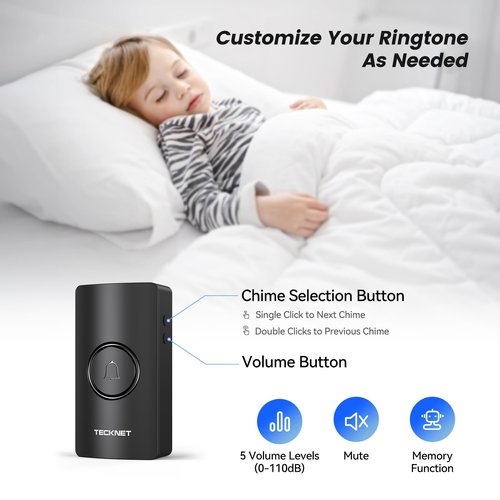 TECKNET Wireless Doorbell, Battery-Powered Door Bell Ringer with 1400ft Range, 60 Chimes & Customizable Door Chime, 5 Volume Levels, IP65 Waterproof – No Plug-in Required, Perfect for Home Use
