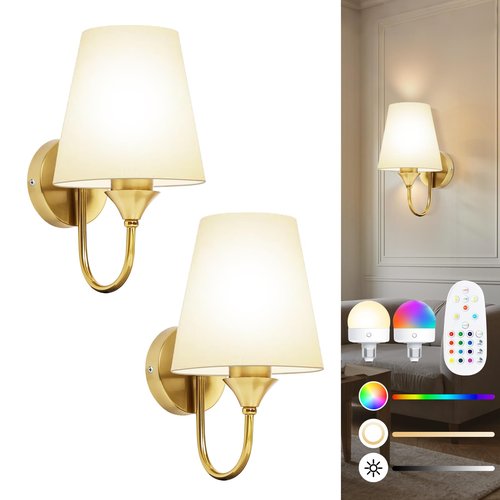 Battery Operated Wall Sconces Set of 2, Wireless Dimmable LED Wall Lights with Rechargeable 15 Colors Bulb & Remote, Timer & Flash/Smooth Light Mode, Bedroom Living Room Hallway Staircase Gold