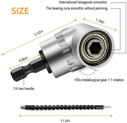 Flexible Drill Bit Extension Set, Includes 105° Right Angle Drill, Bendable Drill Extension, 3pcs 1/4 3/8 1/2" Universal Socket Adapter Set, 3pcs Drill Bit Holder, Screwdriver Bit Kit