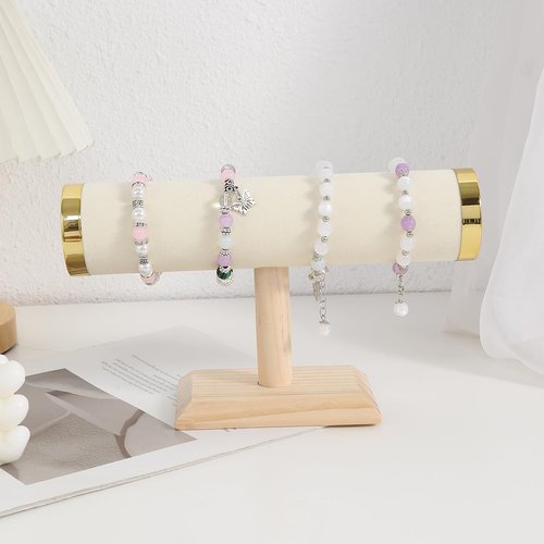 Wooden Watches Display tower Base Watch Necklace Bracelet Organizer Rack Bangle Scrunchie Headband Showcase tower (Suede Round Beige, 1-tiered)