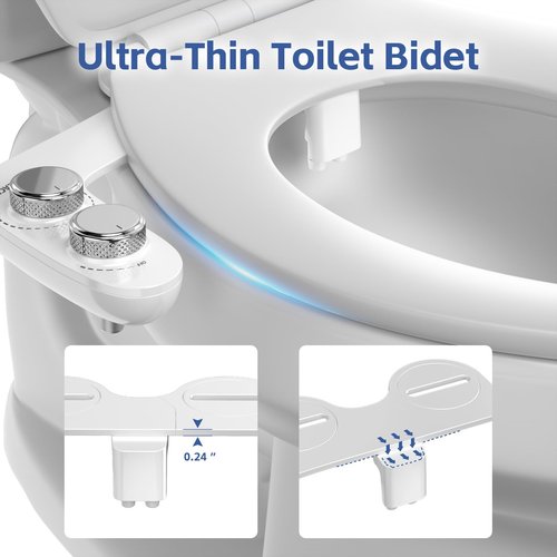 Bidet Attachment for Toilet, Self-Cleaning Dual Retractable Nozzles Bidet, Non-Electric Adjustable Water Pressure for Hygienic Rear & Feminine Wash, Easy Installation Ultra-Slim (White)