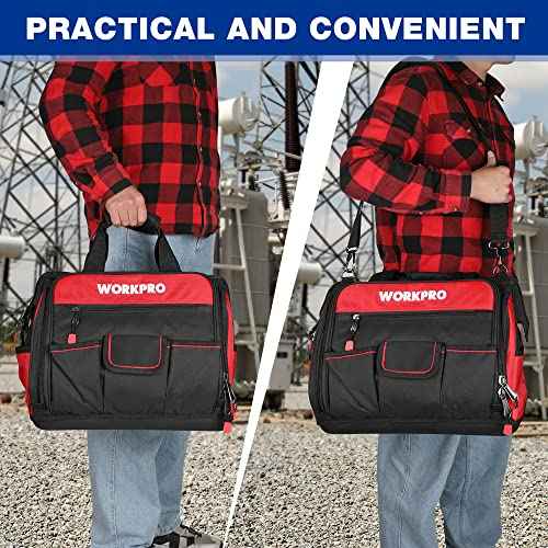 WORKPRO 16" Top Wide Mouth Tool Bag with Water Proof Rubber Base, Multi-Compartment, 46 Pockets, For Tool Organizer & Storage, W081122A