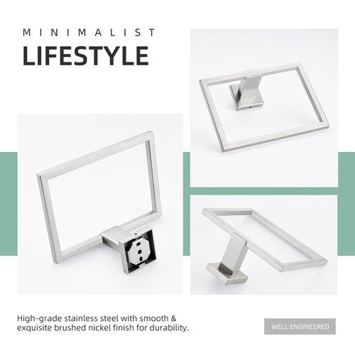Angle Simple Hand Towel Holder Brushed Nickel, SUS 304 Stainless Steel Square Bathroom Towel Ring Hanger, Wall Mount, 7.09 Inches