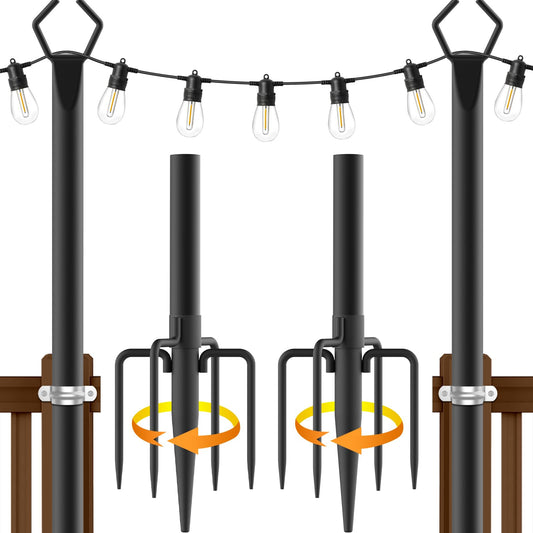 AILBTON 10Ft String Light Poles 2 Pack,Light Poles for Outside Lights,Outdoor with Fence Brackets Hanging Lights,Metal Stand Deck Patio Backyard