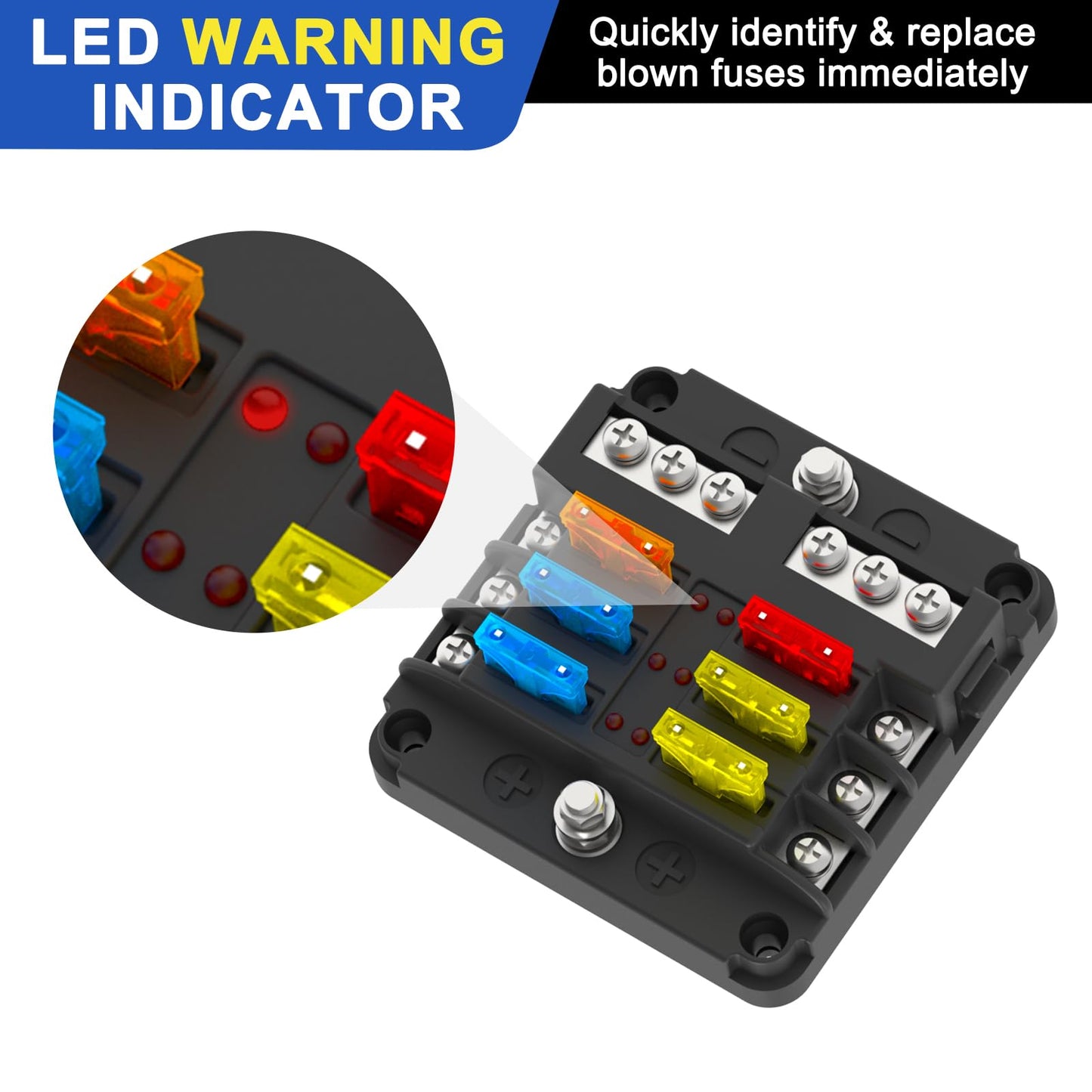 UCkasayfy 6 Way Fuse Block Box 12V/24V DC, ATC/ATO Fuse Panel with LED Indicator for Marine Boat Automotive Motorcycle