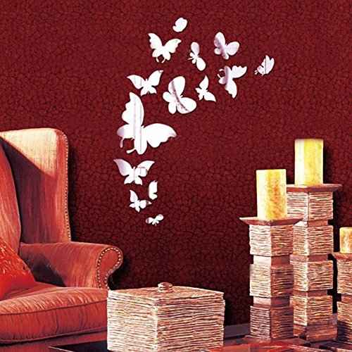 Set 14pcs DIY Butterfly Mirror Sticker, Beautiful 3D Butterfly Mirror Wall Decal&Murals DIY Home Decoration (Silver)