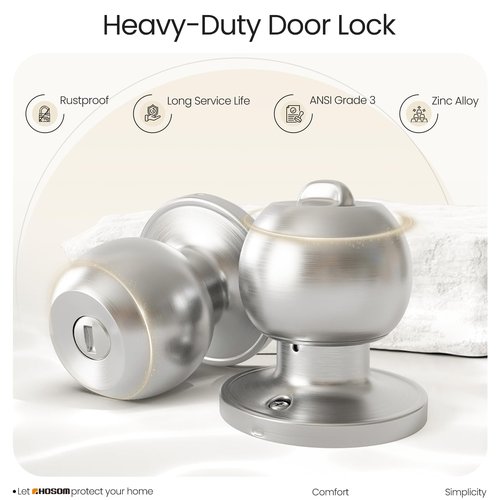 HOSOM Privacy Door Knob with Lock, Interior Door Knobs for Bedroom and Bathroom, Keyless Doorknob with Round Ball, Satin Nickel Door Handle, 1 Pack