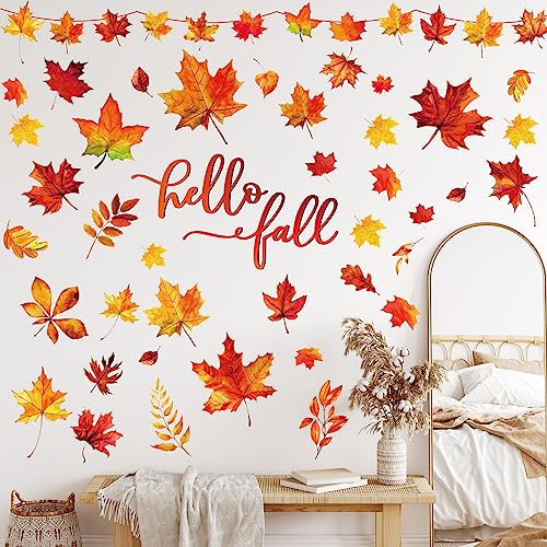 Whaline Fall Maple Leaves Wall Decals - Autumn Holiday Home Decor, 9 Sheets, 8.3 x 10.6 Inch