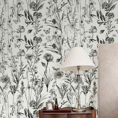 Black and White Wallpaper Floral Peel and Stick Wallpaper Farmhouse Vintage Dark Floral Contact Paper 17.7"x59" Renter Friendly Self Adhesive Decorative Wall Paper for Bathroom Cabinets